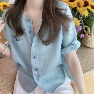 phong cách mùa hè mới, áo sơ mi xanh rộng rãi, đa năng, khí chất, áo sơ mi tay giữa đơn giản, th