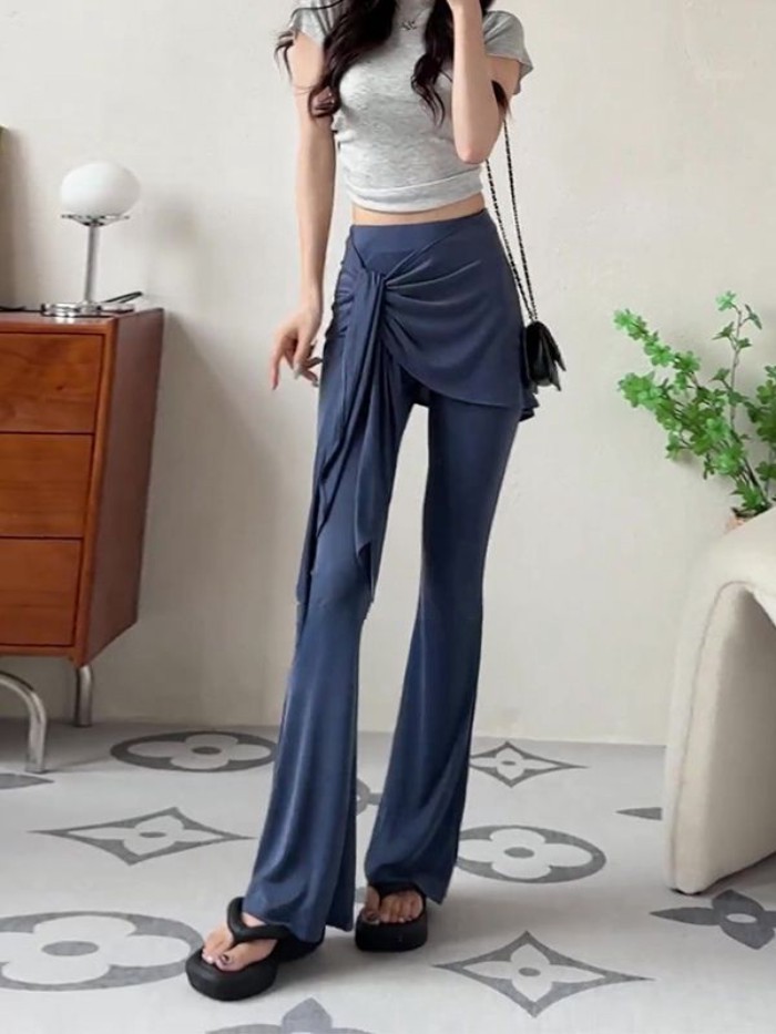quần ống rộng ống loe siêu nhỏ hai mảnh giả niche dành cho nữ, quần dài xếp tầng ôm sát mùa hè m
