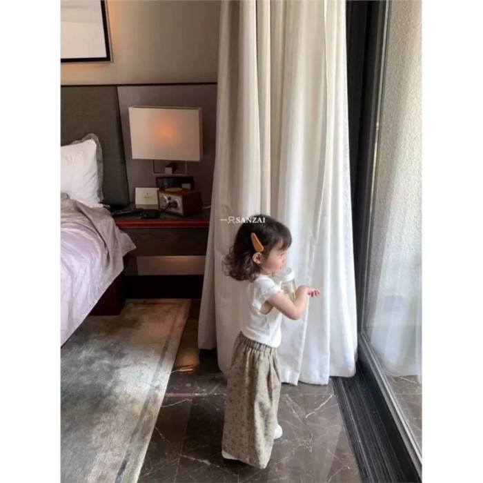 Ba lô bé gái mùa xuân retro họa tiết hoa quần jean ống rộng thời trang trẻ em quần rộng quần dài