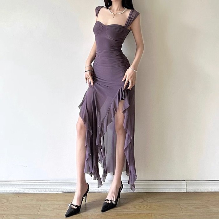 váy ôm màu tím xẻ tà dây cổ váy dài váy dành cho nữ