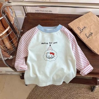 Áo thun dài tay bé gái, kiểu dáng đơn giản và đa năng, áo thun sọc chắp vá sành điệu cho trẻ em