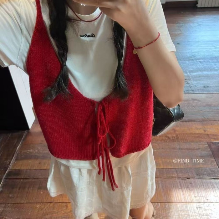 Áo vest dệt kim nhiều lớp thiết kế quai phong cách đầu thu màu trơn kiểu nước ngoài dành cho trang