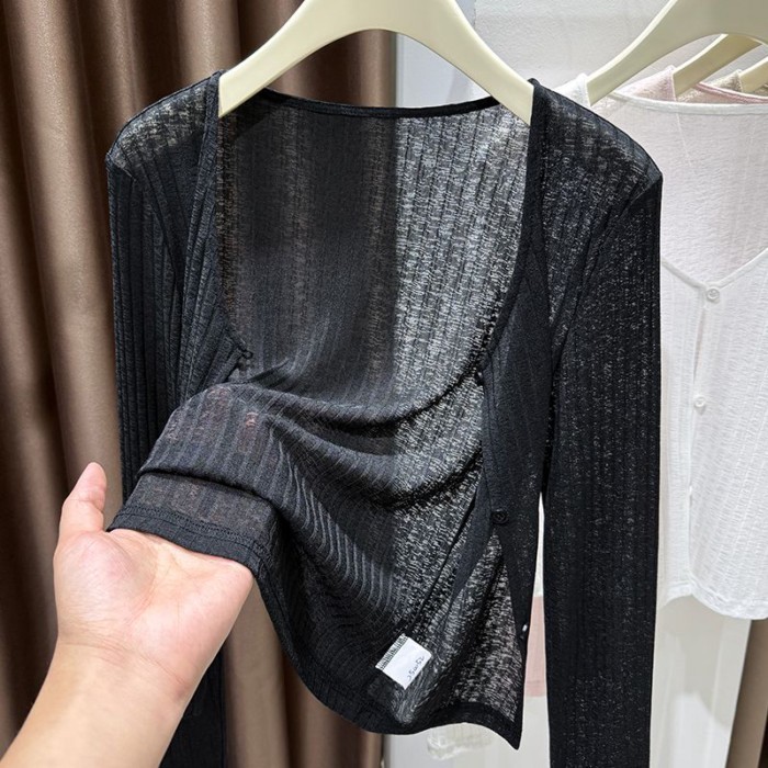 băng lụa hoa sợi dệt kim áo cardigan mùa hè của phụ nữ váy treo kèm khăn choàng vải tuyn rỗng áo