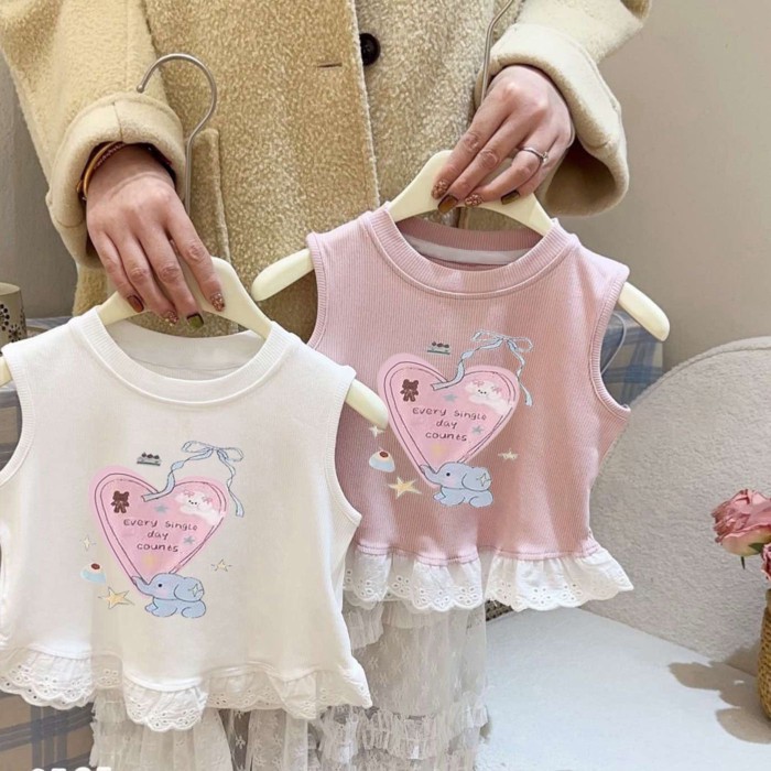 Áo vest phong cách Hàn Quốc cho bé gái mới nối ren treo mùa hè cho trẻ em Áo thun không tay in h