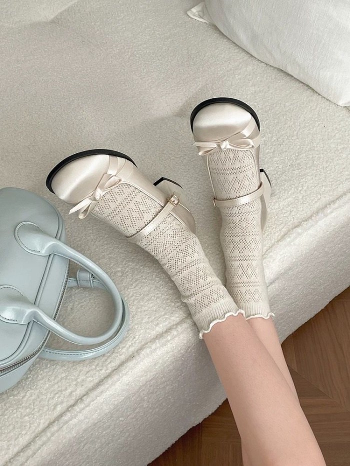 Pháp Satin Nơ Mũi Tròn Gót Dày Mary Jane Cho Nữ Thu Đông Mới Retro Ba Lê Phong Cách Giày Đơn