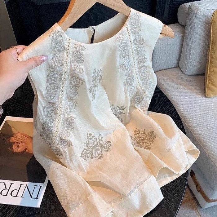 Áo Vest Thêu Hoa Trung Quốc Không Tay Mùa Hè Nữ Phong Cách Mới Retro Siêu Cổ Tròn Cổ Tính Khí Áo