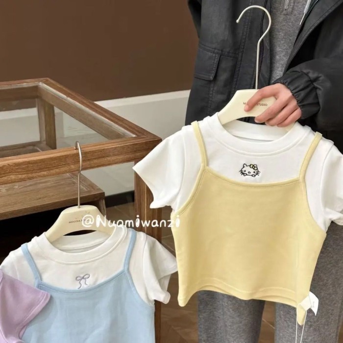 Bé Gái Mùa Hè Mới Phong Cách Hàn Quốc Giả Hai Mảnh Áo Phông Cotton Đa Năng Thời Trang Cho Bé Gái