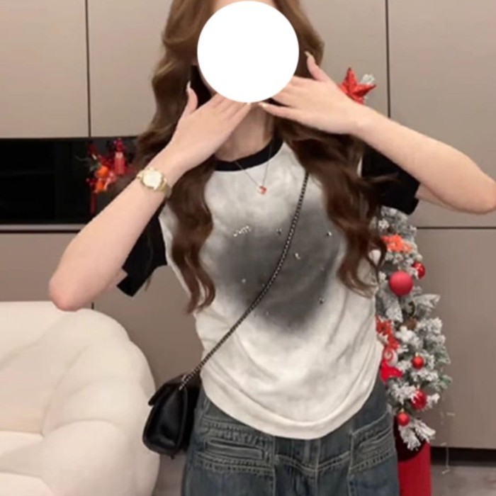 Áo Thun Nữ Tay Raglan Họa Tiết Kim Cương Giả, Phong Cách Mới Hàn Quốc, Perfect Fit Summer