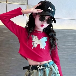 Áo thun ngắn tay ngắn tay cotton nguyên chất mùa xuân thu trẻ em áo phông đỏ thời trang cho bé gái