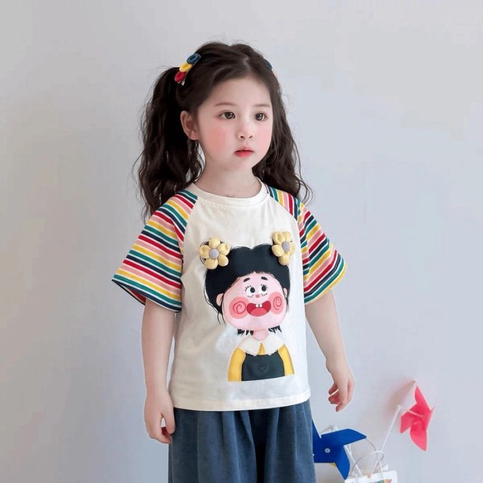 bộ quần áo mùa hè ngắn tay cho bé phong cách mới phong cách trẻ em in hoạt hình sọc chặn màu áo