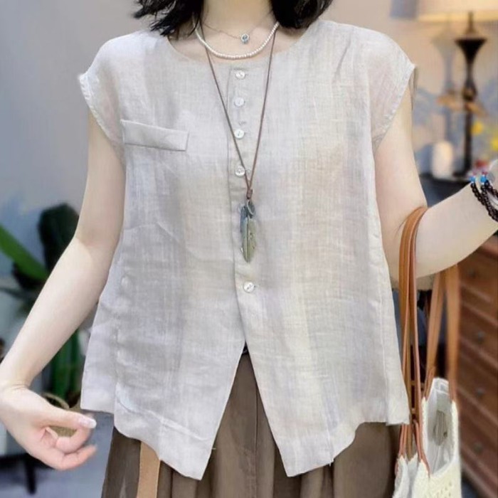 phong cách retro đơn giản dáng rộng áo vest mùa hè thời trang mới khí chất cổ tròn áo ngực đơn k