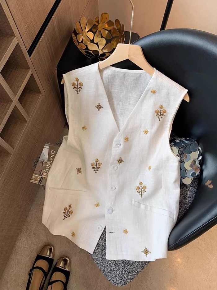 Áo vest cổ chữ V thêu đính cườm nặng đơn giản dành cho nữ mùa hè khí chất áo vest không tay bằng vả