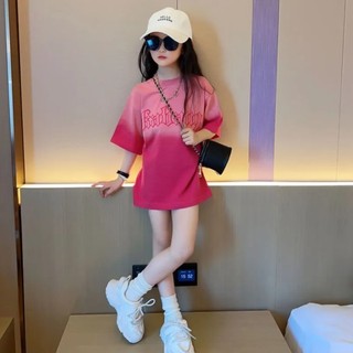 Áo thun bé gái mùa hè ngắn tay áo bé gái thời trang gradient áo thun cotton nguyên chất nửa tay áo