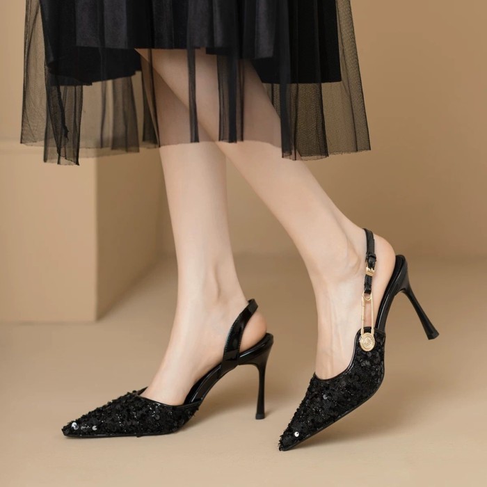 Giày sandal mũi nhọn đính sequin kiểu Pháp cho nữ phong cách mùa hè thời trang với chân váy, giày c