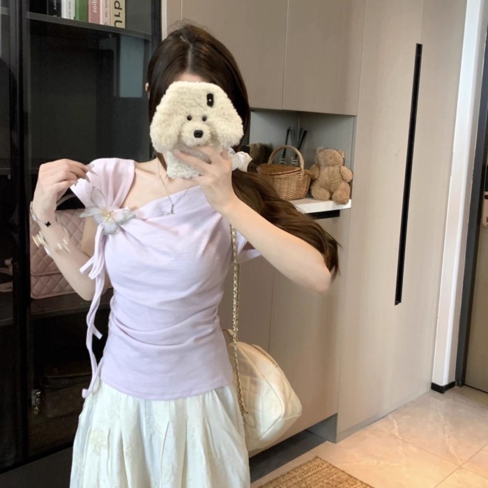 Lan ~ Size Lớn Béo mm Bướm Ren Pure Desire Hot Girl Áo Thun Nữ Tay Ngắn Mùa Hè Phong Cách Mới Thiết Kế Sense Slim-