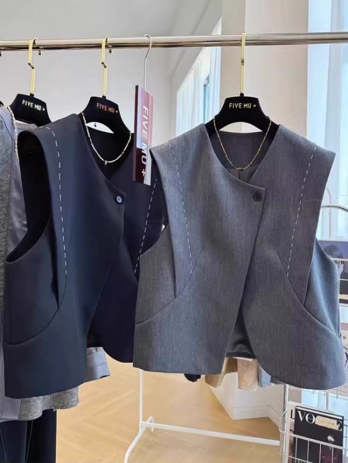 Bộ vest, áo vest, áo vest, áo khoác, áo vest nữ một nút không đều, áo ghi lê