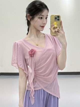 Quần áo khiêu vũ cổ điển dành cho nữ mùa hè mới chéo cổ chữ V lưới hoa ba chiều tay ngắn quần áo bi