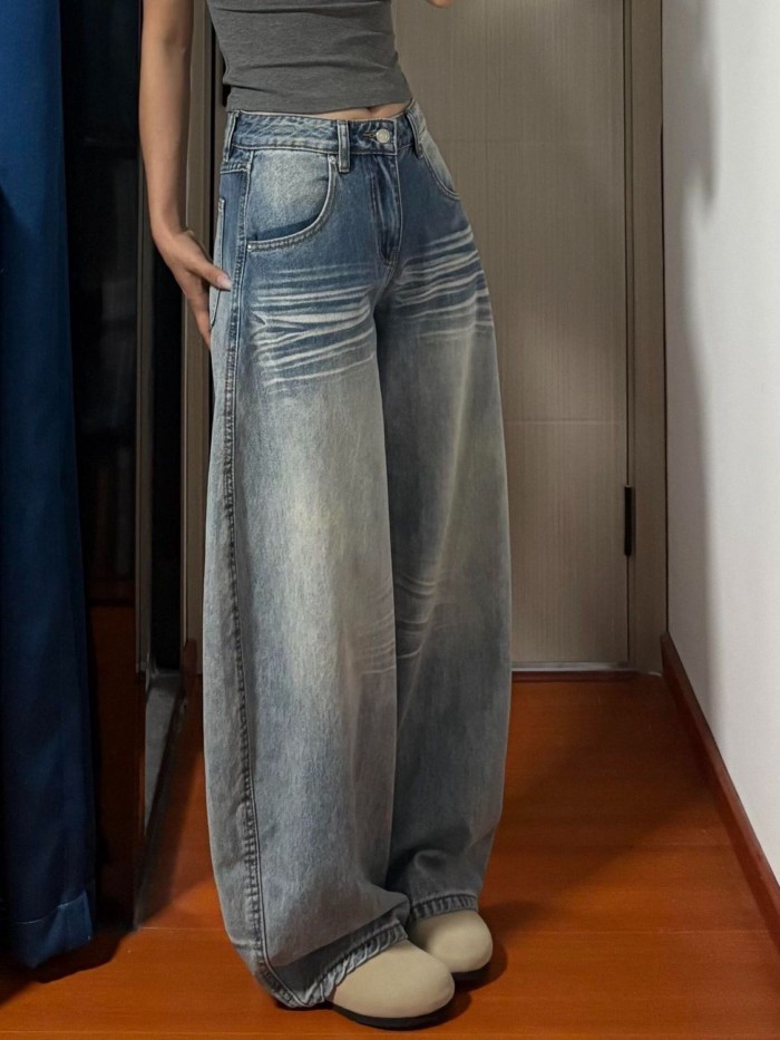 Phong cách retro mùa thu thêu râu mèo đã giặt Mỹ quần jeans ống đứng dáng rộng eo thấp thon gọn tha