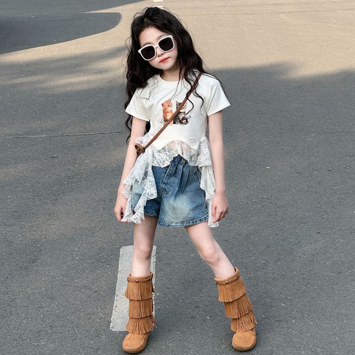 Áo thun ngắn tay mùa hè bé gái phong cách mới áo ren nối thời trang trẻ em áo đáy quần trẻ em cỡ
