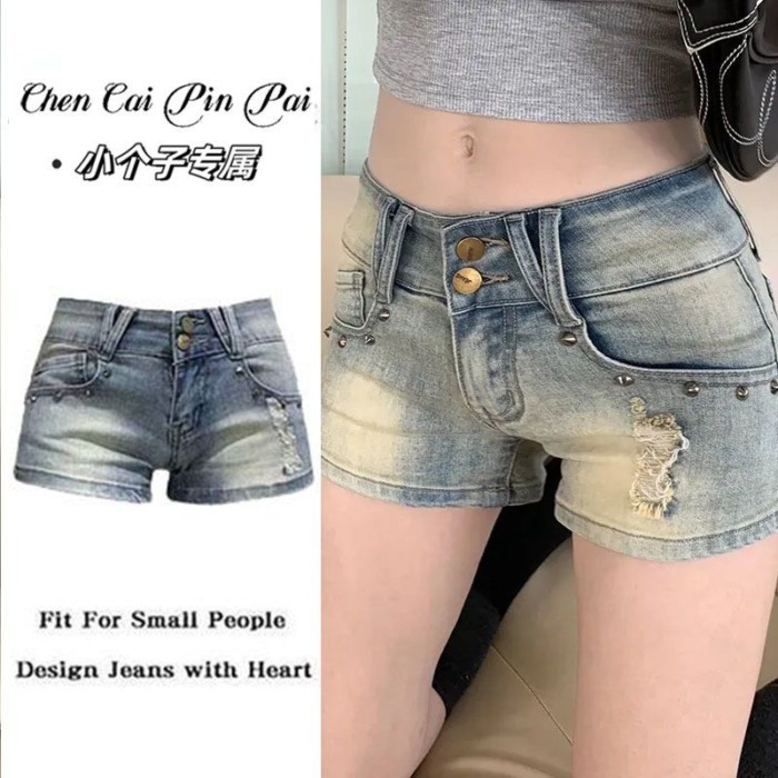 Lan Quần Short Denim Retro Phù Hợp Xuân Hè, Thiết Kế Ôm EO Gọn Gàng