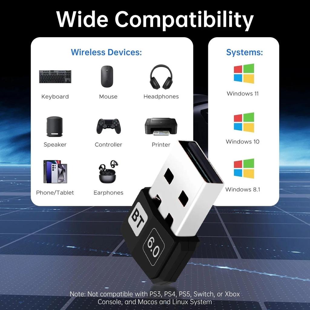 [Sẵn sàng] Bộ thu Bluetooth Bộ chuyển đổi USB Bluetooth 6.0 không dây cho chuột Laptop Keyborad Bộ thu âm thanh nhạc Phụ kiện PC