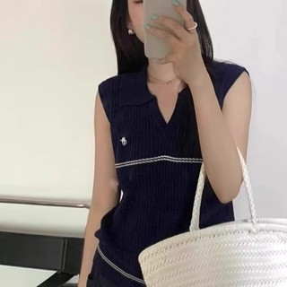 Pháp Không Tay Cổ POLO Dệt Kim Áo Mùa Hè Mới Ve Áo Mỏng Thêu Đa Năng Thịt-Bao Phủ Cao Cấp Hàng Đ