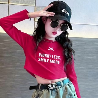Áo thun ngắn tay ngắn tay cotton nguyên chất mùa xuân thu trẻ em áo phông đỏ thời trang cho bé gái