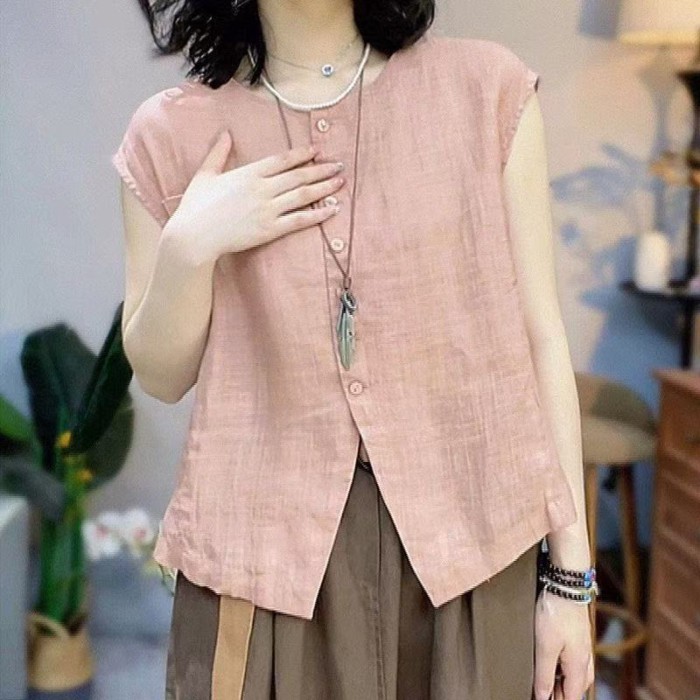 phong cách retro đơn giản dáng rộng áo vest mùa hè thời trang mới khí chất cổ tròn áo ngực đơn k