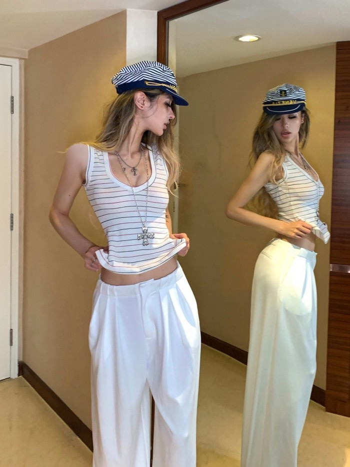 Lan - Áo Camisole Phong Cách Hải Quân Sọc Lớn Cổ Chữ V Che Bên Ngực, Phù Hợp Mùa Hè