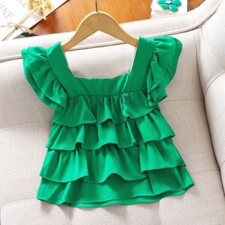 Áo babydoll ngắn tay bé gái, áo thun tay bay thời trang đa năng cho bé gái, áo vest diềm xếp nếp bé