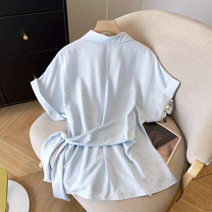 Nữ Phong Cách Phương Tây Áo Sơ Mi Ve Áo Trắng Top Mùa Hè Phong Cách Hàn Quốc Eo Tay Ngắn Niche Á