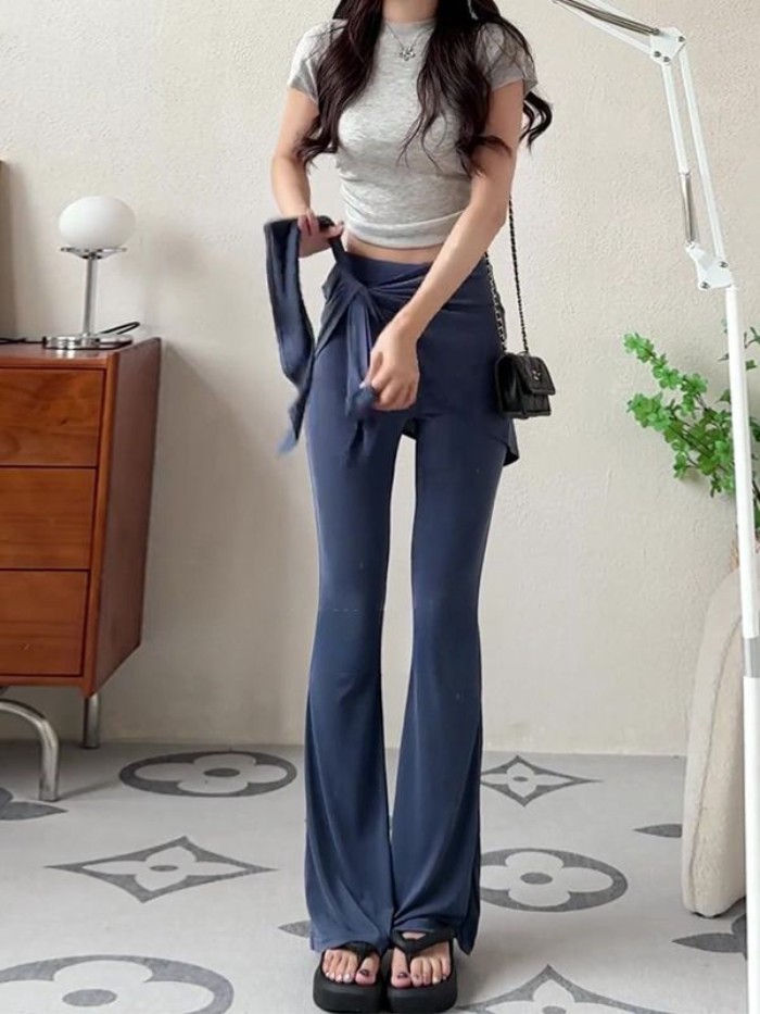 quần ống rộng ống loe siêu nhỏ hai mảnh giả niche dành cho nữ, quần dài xếp tầng ôm sát mùa hè m