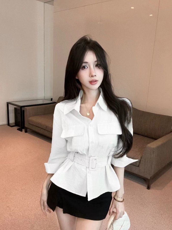 Retro sang trọng cao cấp cổ POLO ba phần tư tay áo sơ mi ôm dành cho nữ thiết kế xuân thu eo
