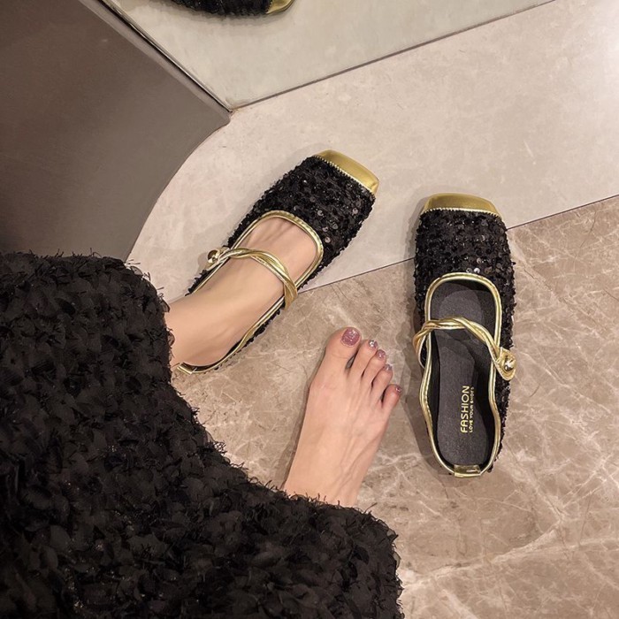 Giày sandal đế thấp đế mềm thời trang hè thu, nửa mũi và nửa dép đính sequin phong cách phương Tây