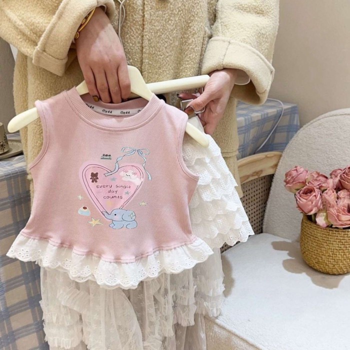Áo vest phong cách Hàn Quốc cho bé gái mới nối ren treo mùa hè cho trẻ em Áo thun không tay in h