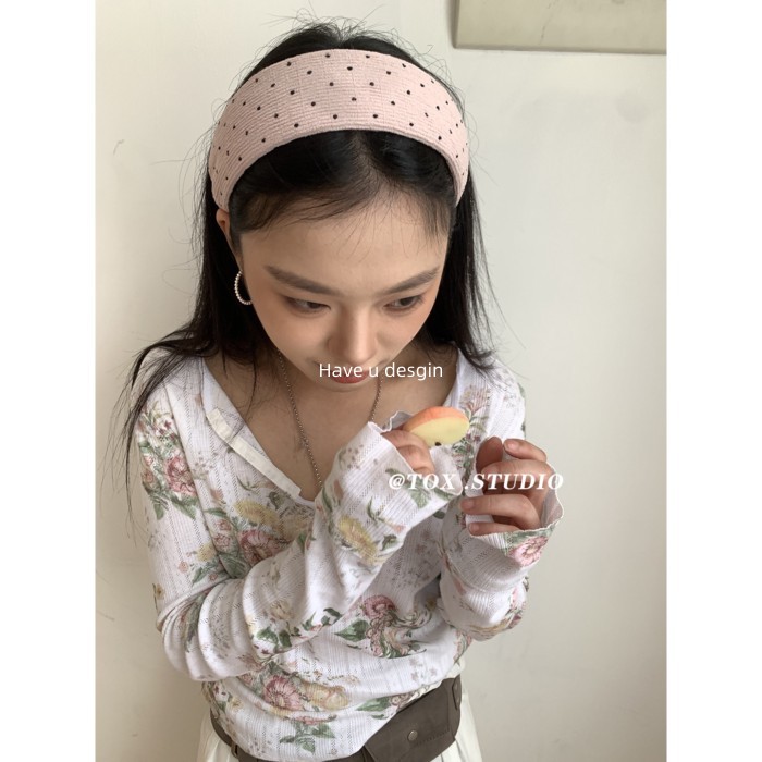 Quần Áo Phong Cách Hàn Quốc Chấm Bi Bông Bóng Cotton Rộng Viền Xếp Ly Với Băng Đô Mặt Nhỏ
