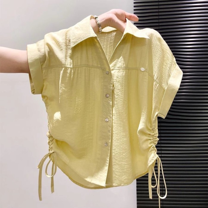 Ve Áo Áo Sơ Mi Tay Ngắn Nữ Mùa Hè Mới Dây Rút Giảm Béo Rời Đa Năng Ngắn Cổ Polo Top