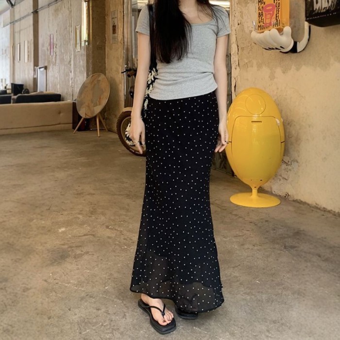 Phong cách Hàn Quốc Váy chấm bi kiểu Pháp thanh lịch mùa hè khí chất mới lưng cao dài vừa đuôi c