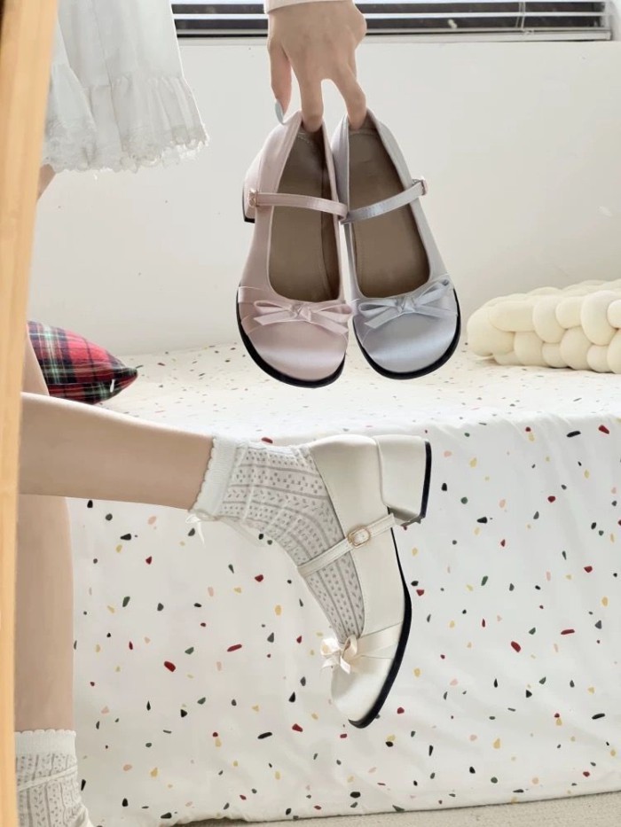 Pháp Satin Nơ Mũi Tròn Gót Dày Mary Jane Cho Nữ Thu Đông Mới Retro Ba Lê Phong Cách Giày Đơn