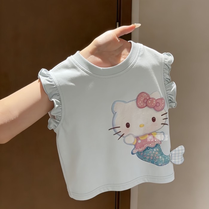 phong cách dễ thương in hình hoạt hình bé gái mùa hè sảng khoái cotton cổ tròn áo thun áo thun b