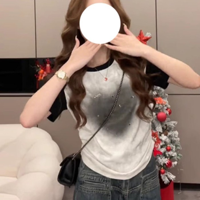 Áo Thun Nữ Tay Raglan Họa Tiết Kim Cương Giả, Phong Cách Mới Hàn Quốc, Perfect Fit Summer
