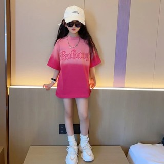 Áo thun bé gái mùa hè ngắn tay áo bé gái thời trang gradient áo thun cotton nguyên chất nửa tay áo