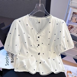 Áo sơ mi ngắn tay cổ chữ V phối ren cho nữ mùa hè phong cách mới Áo ngắn eo phong cách Pháp