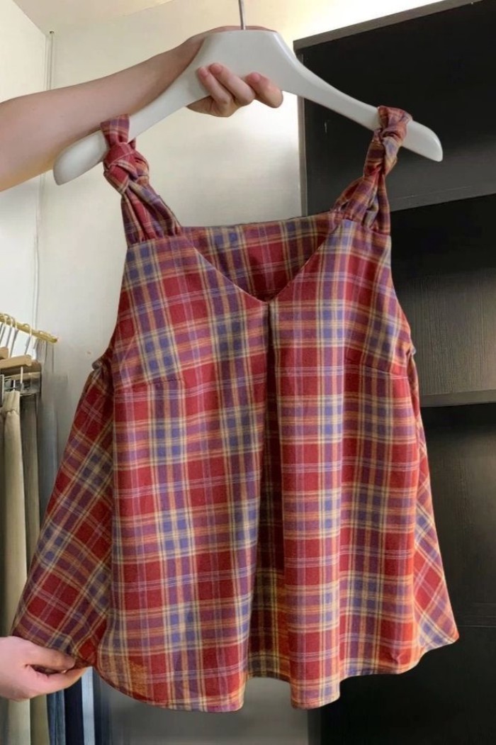 Áo khoác ngoài kẻ sọc đỏ cổ điển mùa hè dành cho nữ áo thun không tay cổ chữ V thời trang