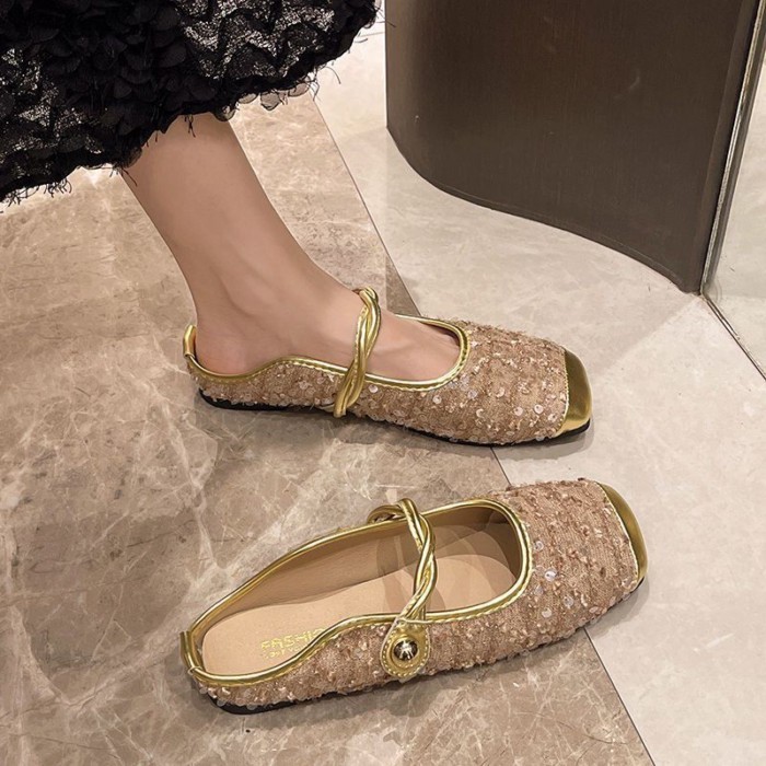 Giày sandal đế thấp đế mềm thời trang hè thu, nửa mũi và nửa dép đính sequin phong cách phương Tây