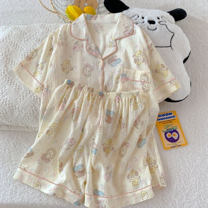 Bộ Đồ Ngủ Cho Bé Gái Kẻ Sọc Quần Short Ngắn Tay Mùa Hè Cho Bé Gái Quần Short Cotton Họa Tiết Dễ
