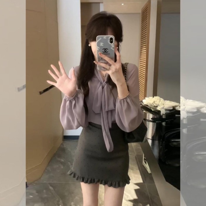 Áo sơ mi voan dài tay cổ chữ V thắt nơ kiểu Pháp dành cho nữ, áo sơ mi mùa thu, áo dáng ôm và đa nă