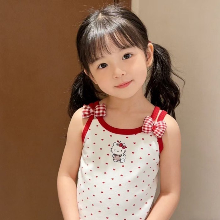 cô gái cotton nguyên chất thời trang chấm bi in hoạt hình áo yếm không tay nơ ba chiều dễ thương