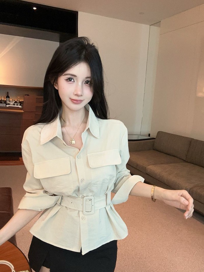Retro sang trọng cao cấp cổ POLO ba phần tư tay áo sơ mi ôm dành cho nữ thiết kế xuân thu eo