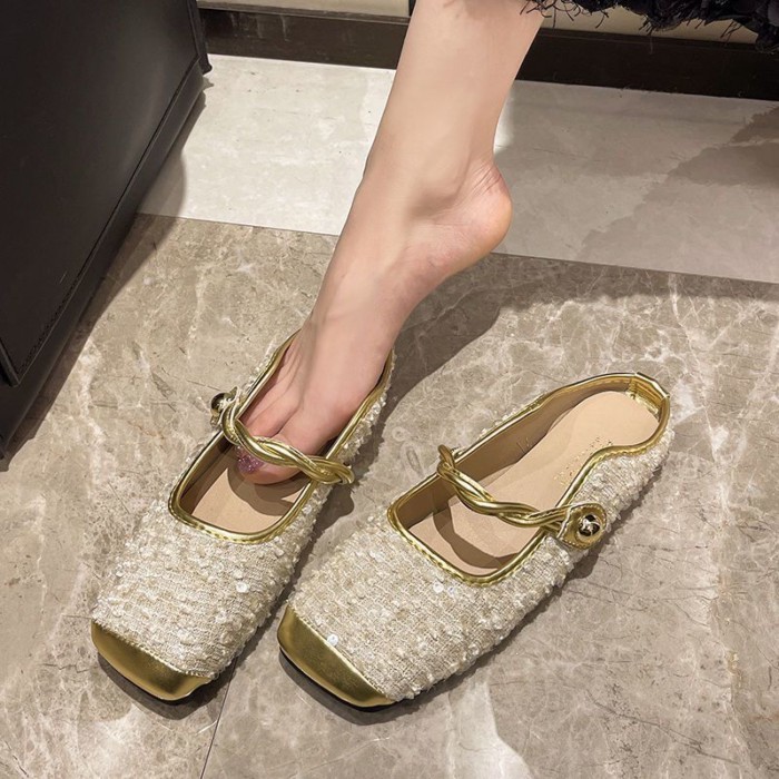 Giày sandal đế thấp đế mềm thời trang hè thu, nửa mũi và nửa dép đính sequin phong cách phương Tây